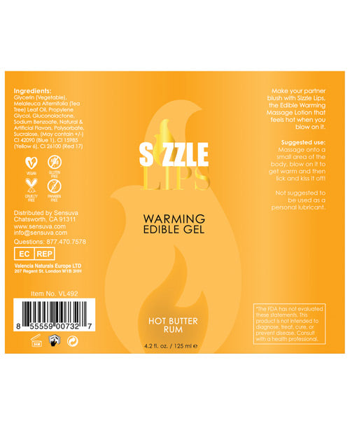 Sizzle Lips Warming Edible Massage Oil Butter Rum 4.2oz