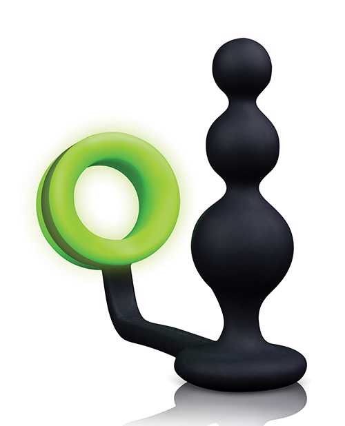 Ouch! Silicone Cock Ring with Beaded Anal Plug Glow in the Dark - Green