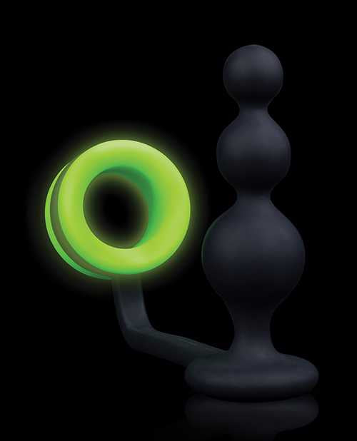 Ouch! Silicone Cock Ring with Beaded Anal Plug Glow in the Dark - Green
