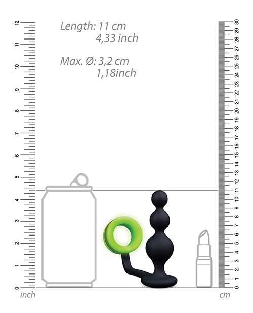Ouch! Silicone Cock Ring with Beaded Anal Plug Glow in the Dark - Green