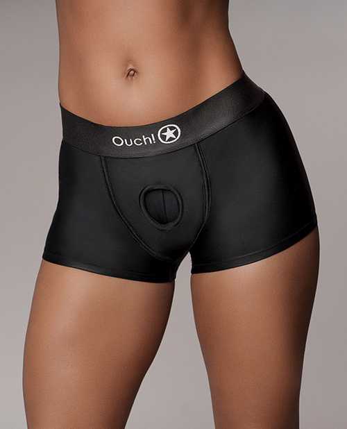 Ouch! Vibrating Strap-On Boxer with Rechargeable Bullet - M/L - Black