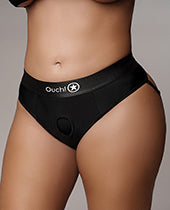Ouch! Vibrating Strap-On Thong with Removable Butt Straps with Rechargeable Bullet - XL/2XL - Black
