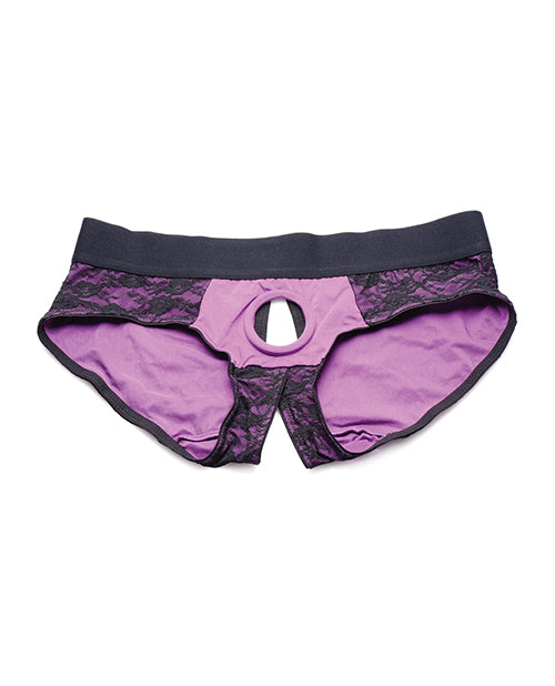 Strap U Lace Envy Lace Crotchless Panty Harness - XXXLarge - Purple/Black