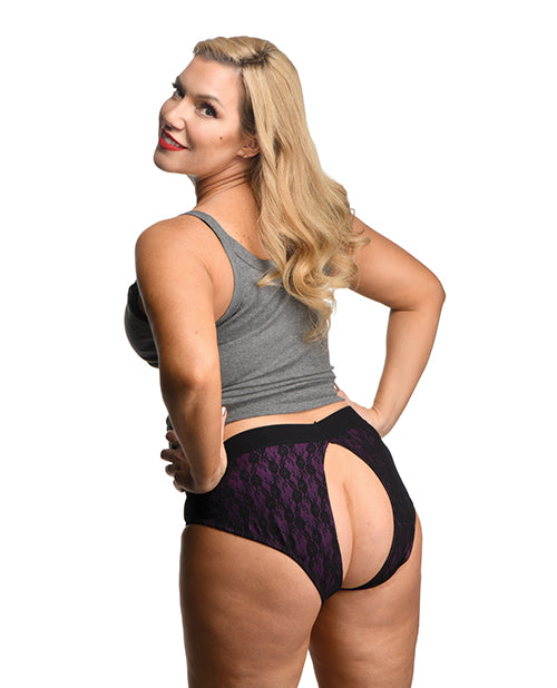 Strap U Lace Envy Lace Crotchless Panty Harness - XXXLarge - Purple/Black