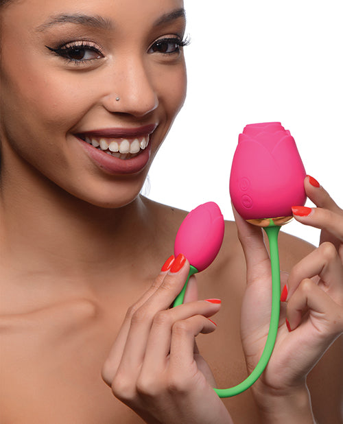Inmi Bloomgasm Rose Duet 15x Silicone Rechargeable Vibrating and Sucking Clit Stimulator - Pink
