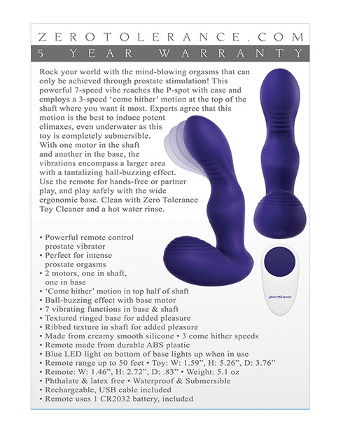 Zero Tolerance The Rocker Rechargeable Silicone Vibrating Prostate Massager with Remote Control - Navy Blue
