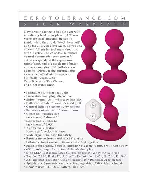 Zero Tolerance Bubble Butt Silicone Inflatable Rechargeable Anal Plug with Remote Control - Red