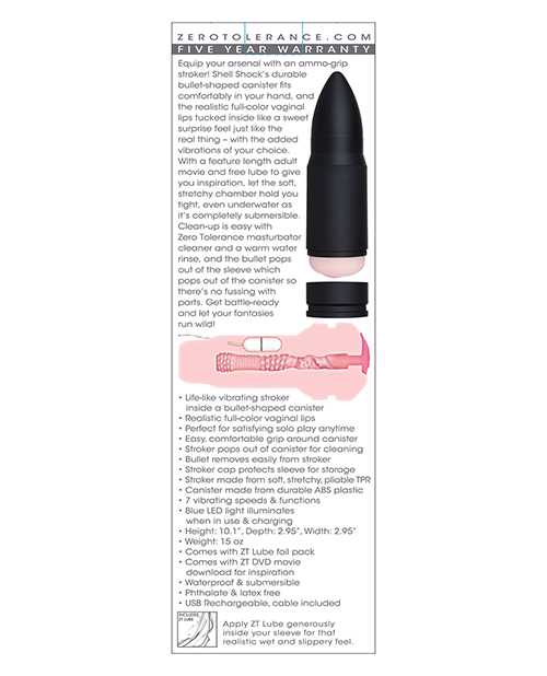 Zero Tolerance Shell Shock Rechargeable Vibrating Pussy Stroker with DVD Download - Black