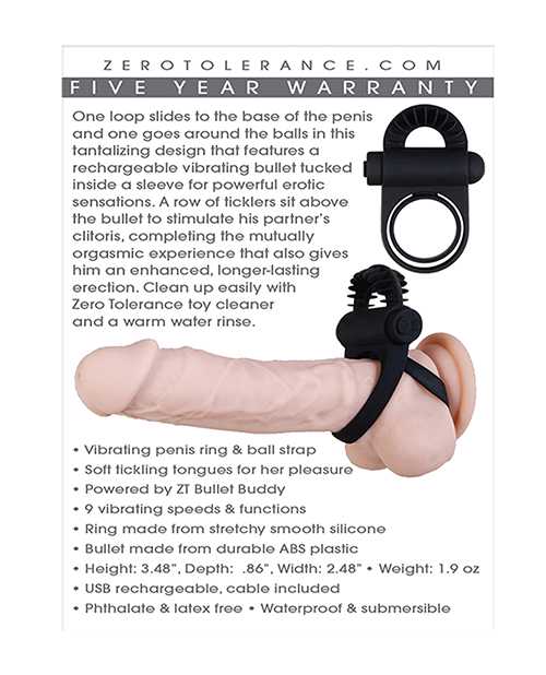 Zero Tolerance Bell Ringer Rechargeable Silicone Vibrating Cock Ring with Clitoral Stimulator and Ball Strap - Black