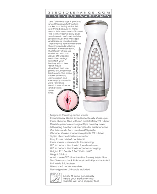 Zero Tolerance The Thrusting Stroker Rechargeable Vibrating Pussy Masturbator - Vanilla/White