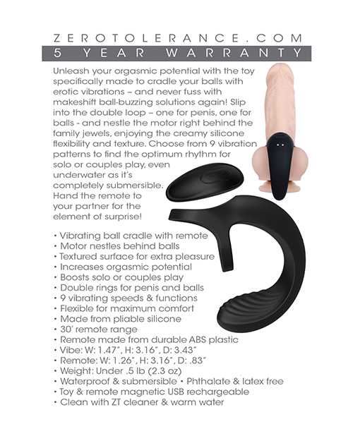 Zero Tolerance Vibrating Ball Cradle Silicone Rechargeable Cock Ring with Remote Control - Black