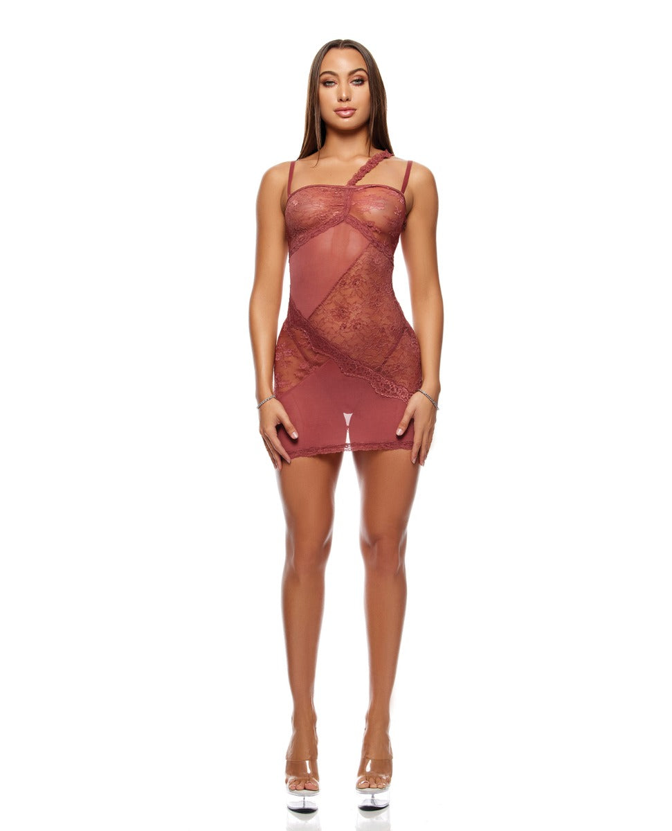Patch of Petals Sheer Mesh and Lace Chemise w/Thong 2 pc Set - Mauve XL