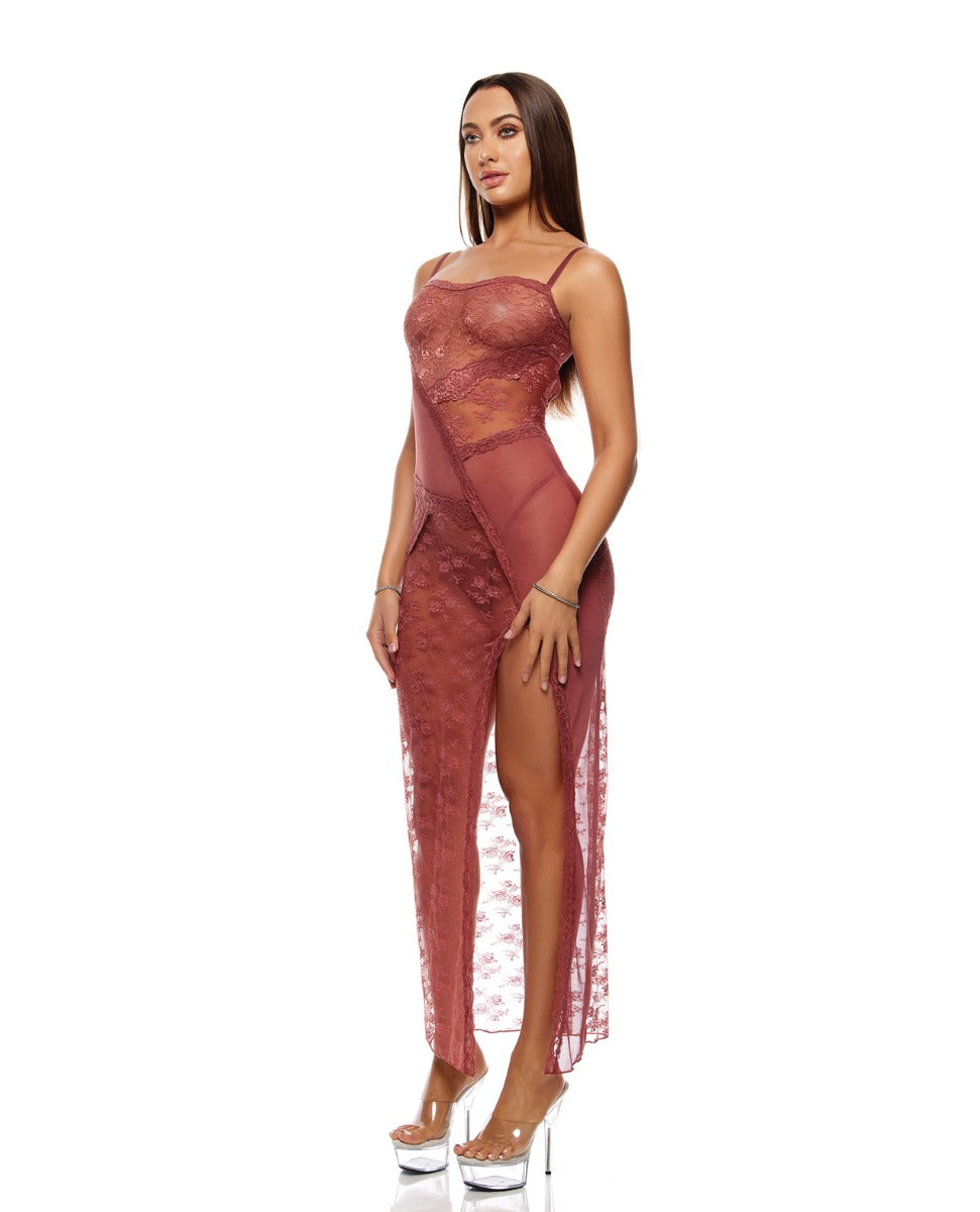 Patch Of Petals Sheer Mesh and Lace Gown w/Thong 2 pc Set - Mauve LG