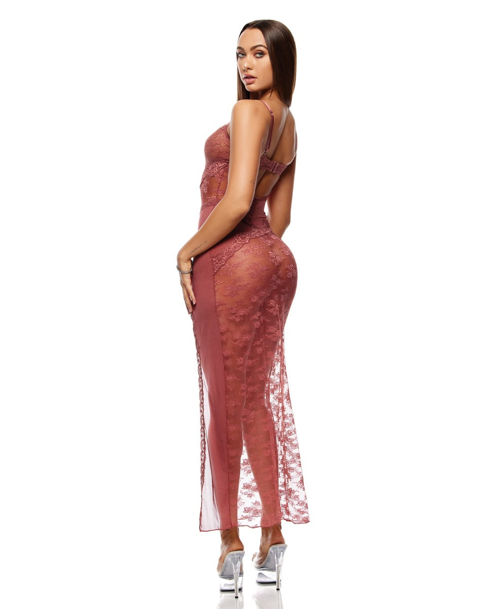 Patch Of Petals Sheer Mesh and Lace Gown w/Thong 2 pc Set - Mauve LG