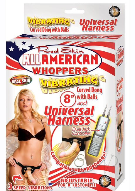 Real Skin All American Whoppers Vibrating Dildo with Universal Harness 8in - Black/Vanilla