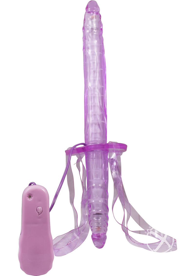 Double Fuk Vibrating Dildo Strap On with Wired Remote Control - Purple