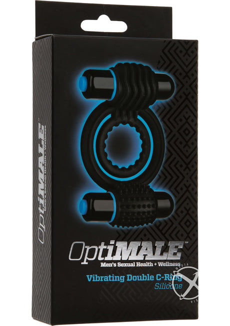 OptiMALE Silicone Vibrating Double Cock Ring with Dual Bullets - Black