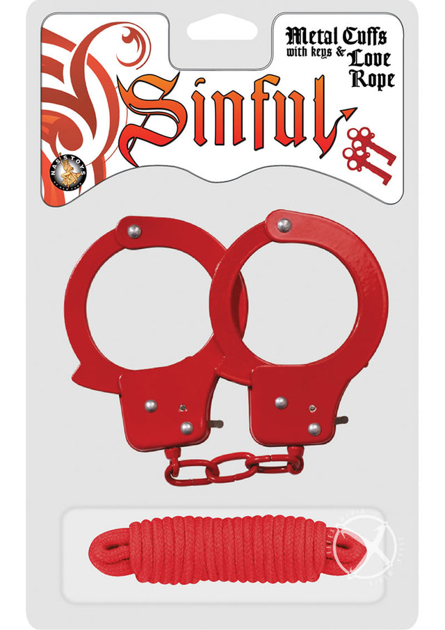 Sinful Metal Cuffs with Keys and Love Rope - Red