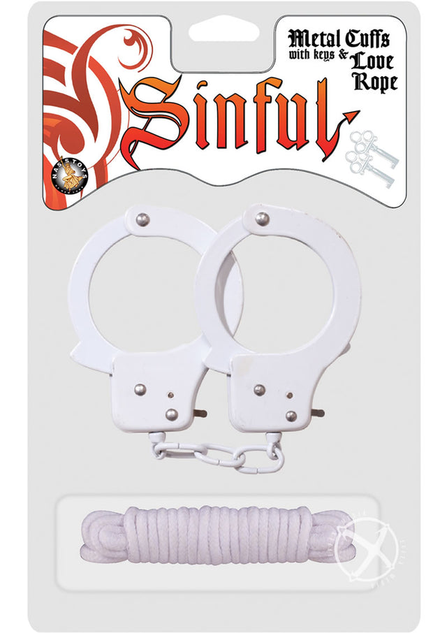 Sinful Metal Cuffs with Keys and Love Rope - White