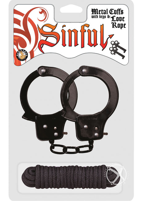 Sinful Metal Cuffs with Keys and Love Rope - Black