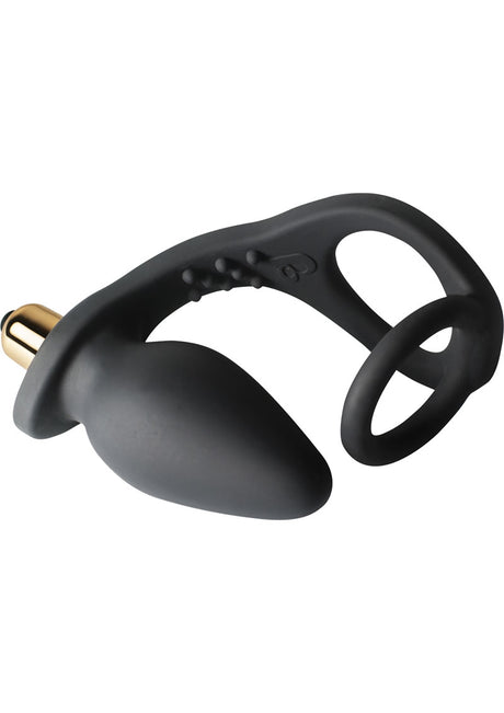 Ro-Zen Vibrating Silicone Cock Ring with Butt Plug - Black