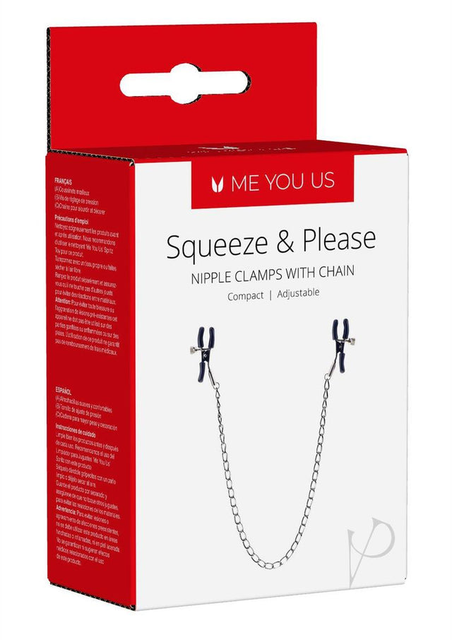 ME YOU US Squeeze and Please Adjustable Nipple Clamps with Chain - Silver