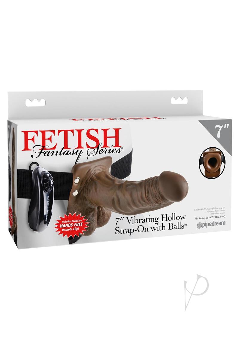 Fetish Fantasy Series Vibrating Hollow Strap-On Dildo with Balls and Harness with Remote Control 7in - Chocolate