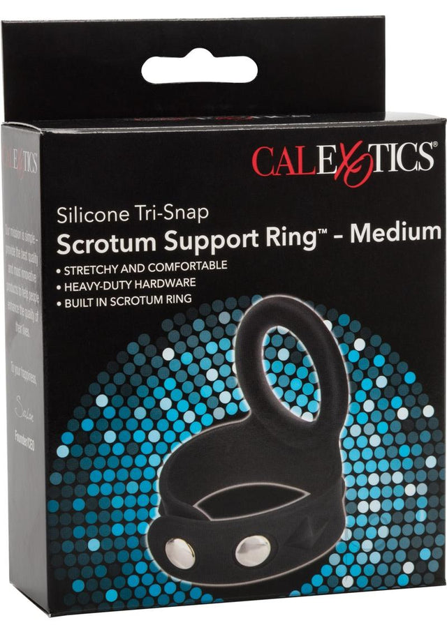 Silicone Tri-Snap Scrotum Support Cock Ring - Medium - Black