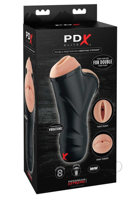 PDX Elite Double Penetration Vibrating Masturbator - Pussy and Mouth - Vanilla/Black