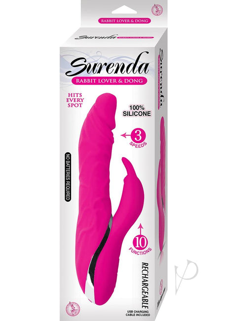 Surenda Rabbit Lover and Dildo Rechargeable Silicone Vibrator - Pink