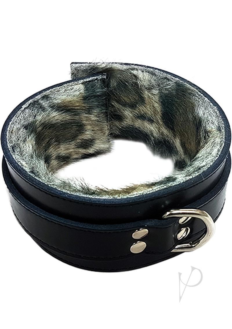 Rouge Leather Collar With Faux Fur Lining - Black And Leopard Print