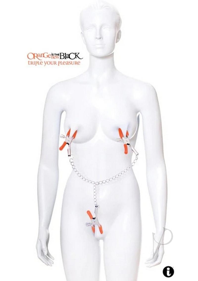 Orange Is The New Black Triple Your Pleasure Nipple and Clitoral Clamps with Chain - Orange