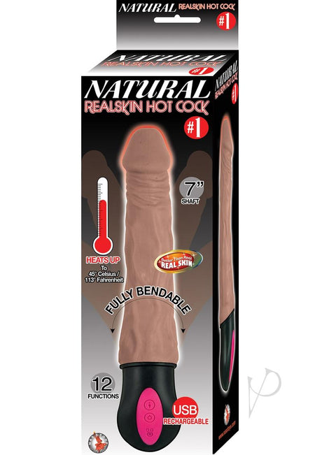 Natural Realskin Hot Cock 1 Rechargeable Warming Dildo 7in - Chocolate