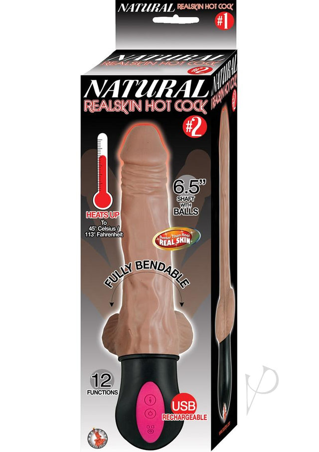 Natural Realskin Hot Cock 2 Rechargeable Warming Dildo with Balls 6.5in - Chocolate