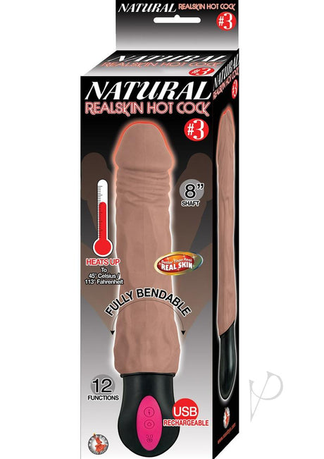 Natural Realskin Hot Cock 3 Rechargeable Warming Dildo 8in - Chocolate