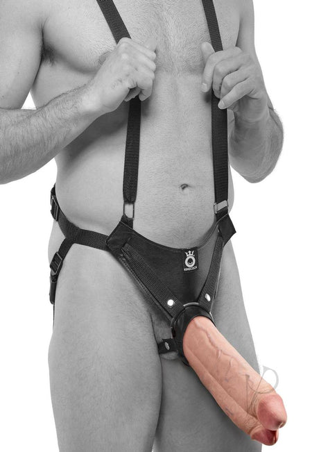 King Cock Two Dildos One Hole Hollow Strap on Suspender System 11in - Vanilla/Black