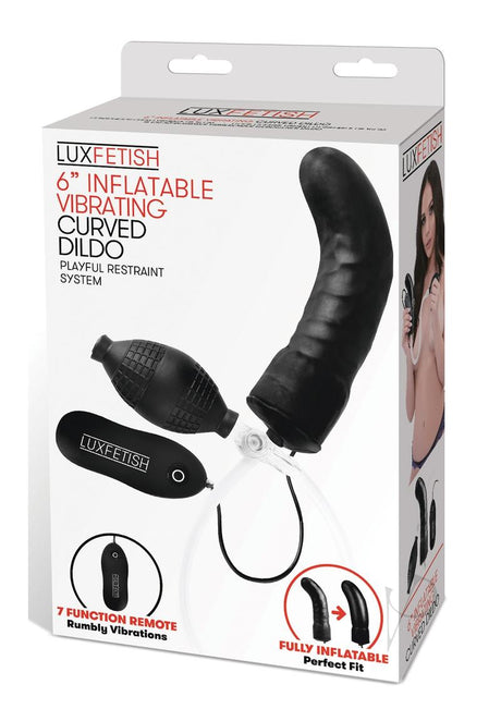 Lux Fetish Latex Inflatable Vibrating Curvd Dildo with Wired Remote Control 6in - Black