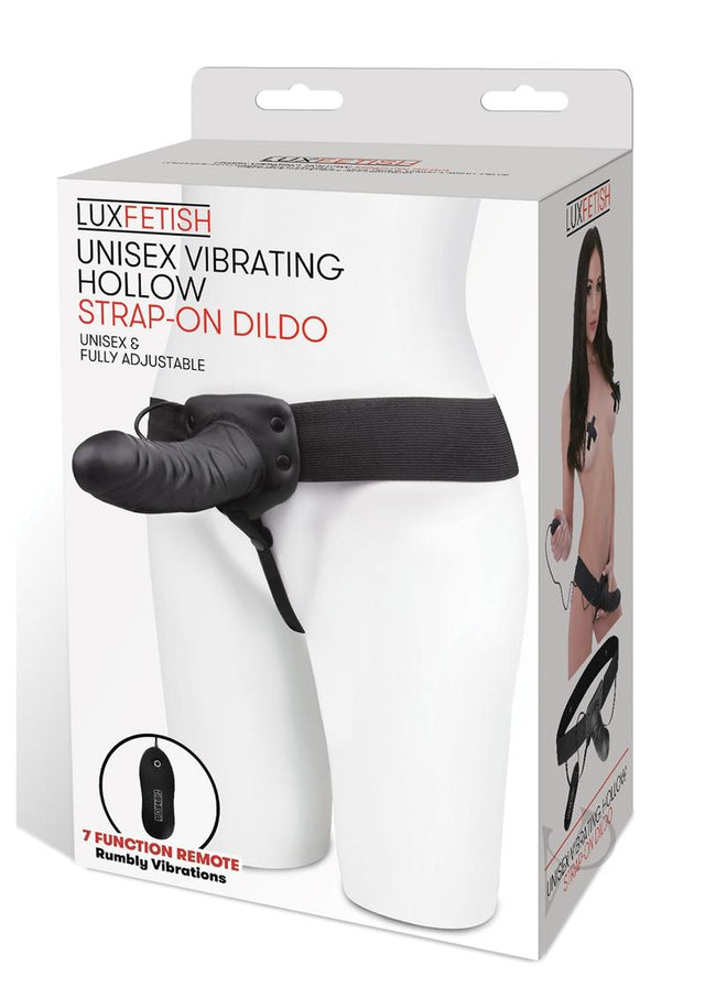 Lux Fetish Unisex Vibrating Hollow Strap-On Dildo with Wired Remote Control 9in - Black