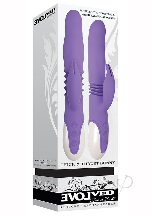 Thick and Thrust Bunny Rechargeable Silicone Rabbit Vibrator with Length Thrusting and Girth Expanding Action - Lavender