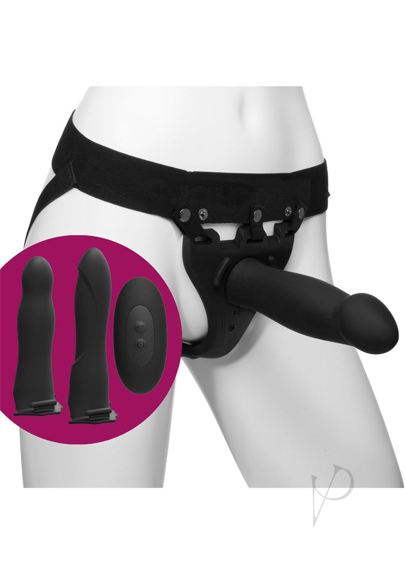 Body Extensions Be Naughty Silicone Strap-On Rechargeable Vibrating Harness with 2 Hollow Dildos and Remote Control 7in and 7.5in  (4 pc set) - Black