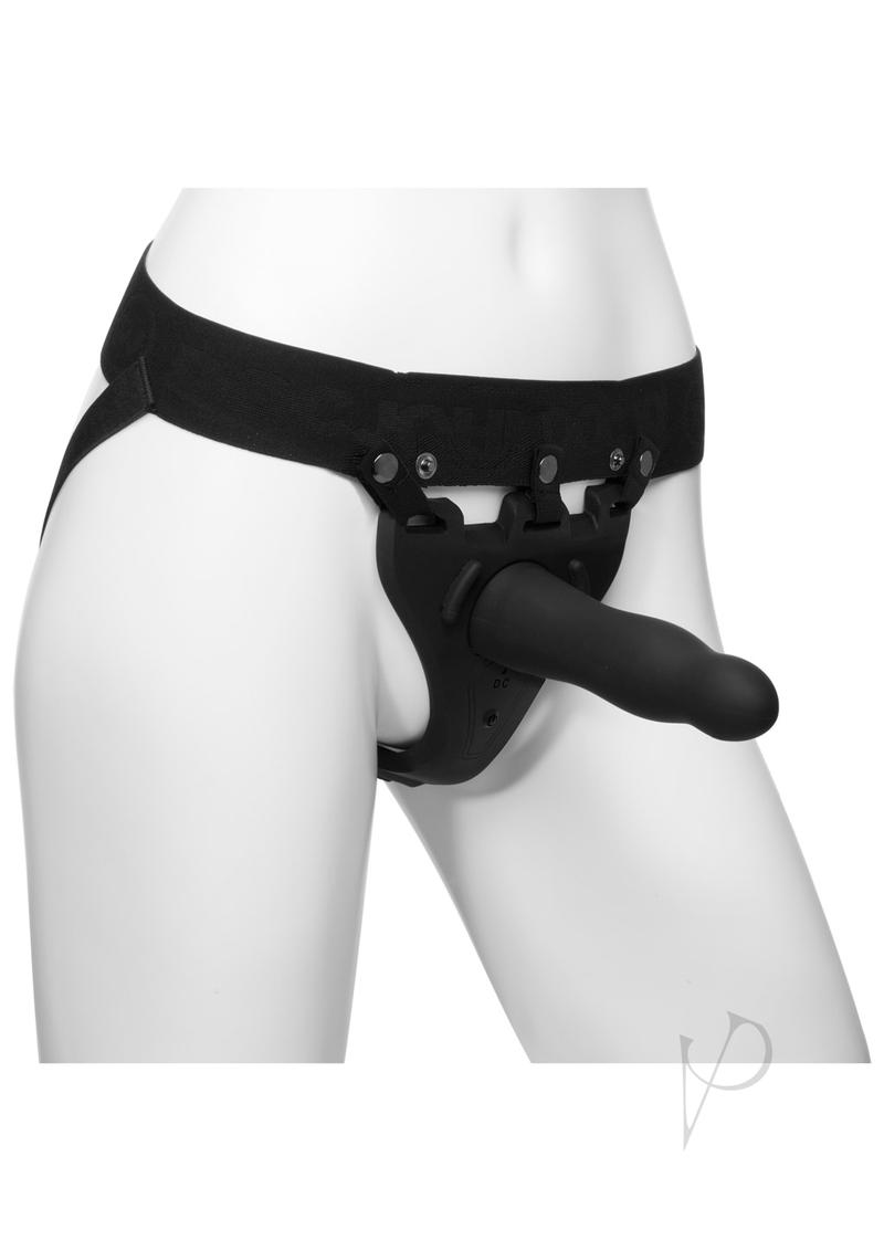 Body Extensions Be Aroused Silicone Strap-On Rechargeable Vibrating Harness with Slim Dildo and Remote Control 7in - 2 piece set - Black