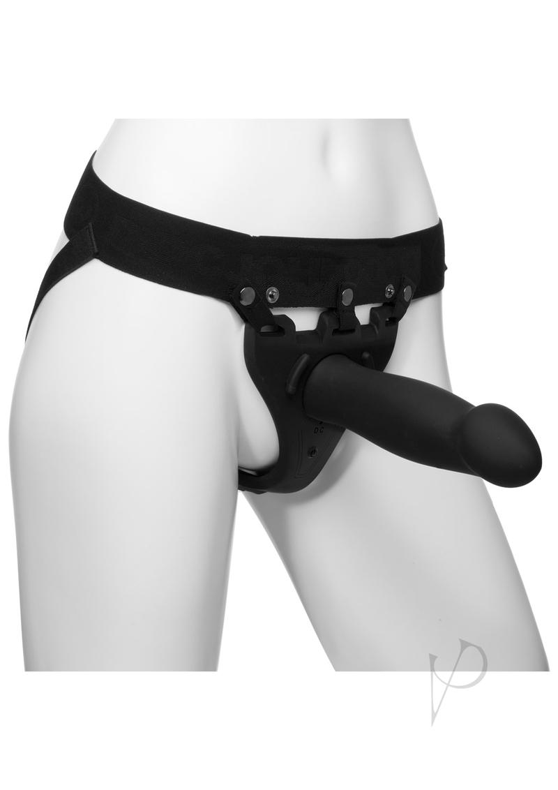 Body Extensions Be Risque Silicone Strap-on Rechargeable Vibrating Harness with Dildo and Remote Control 8in (2 pc kit) - Black