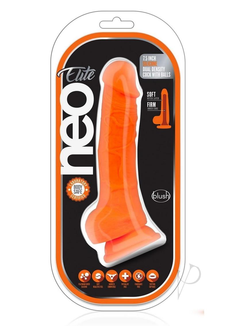 Neo Elite Silicone Dual Density Dildo with Balls 7.5in - Neon Orange