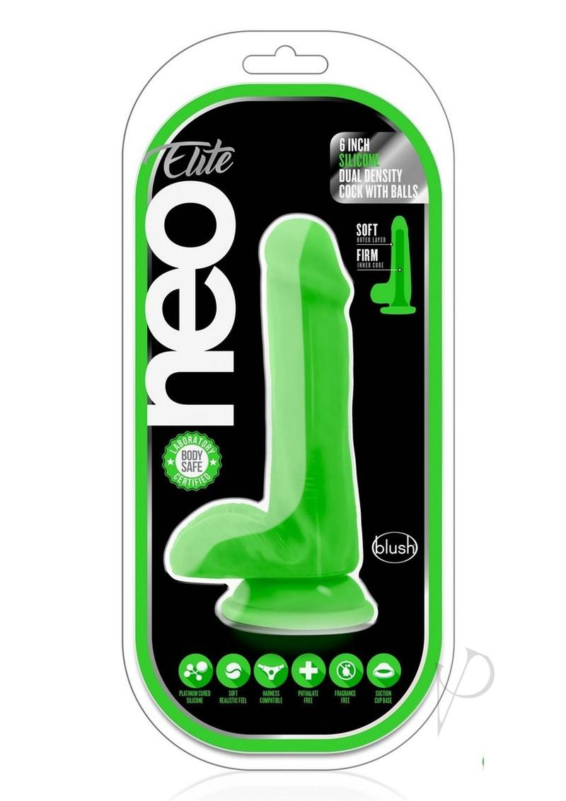 Neo Elite Silicone Dual Density Dildo with Balls 6in - Neon Green