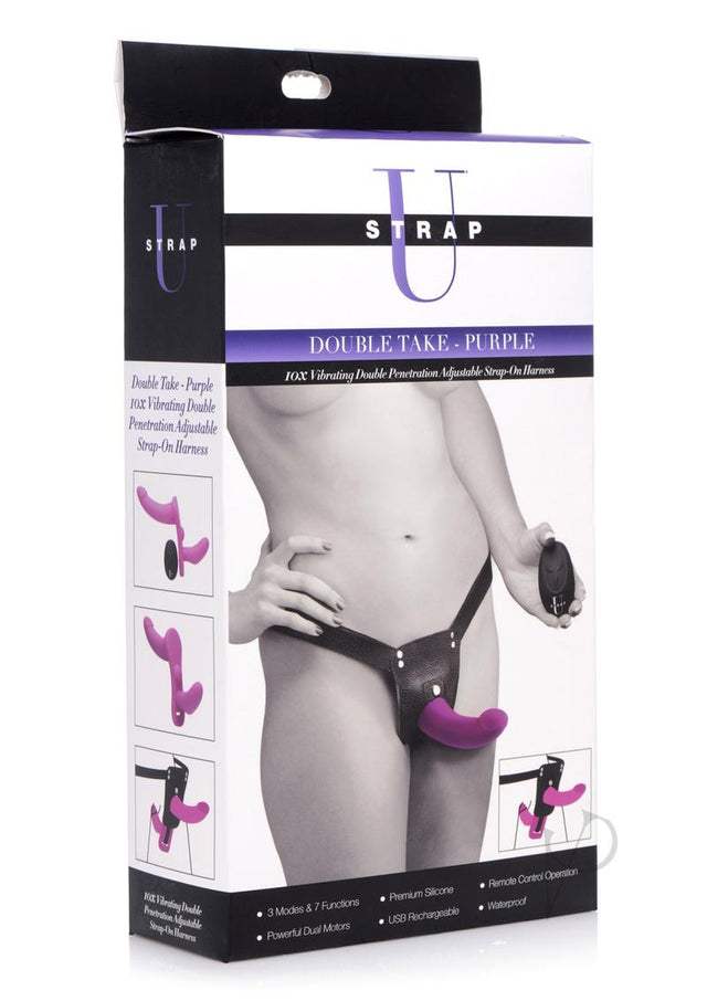 Strap U Double Take Double Penetration Rechargeable Silicone Vibrating Strap-on Harness - Purple