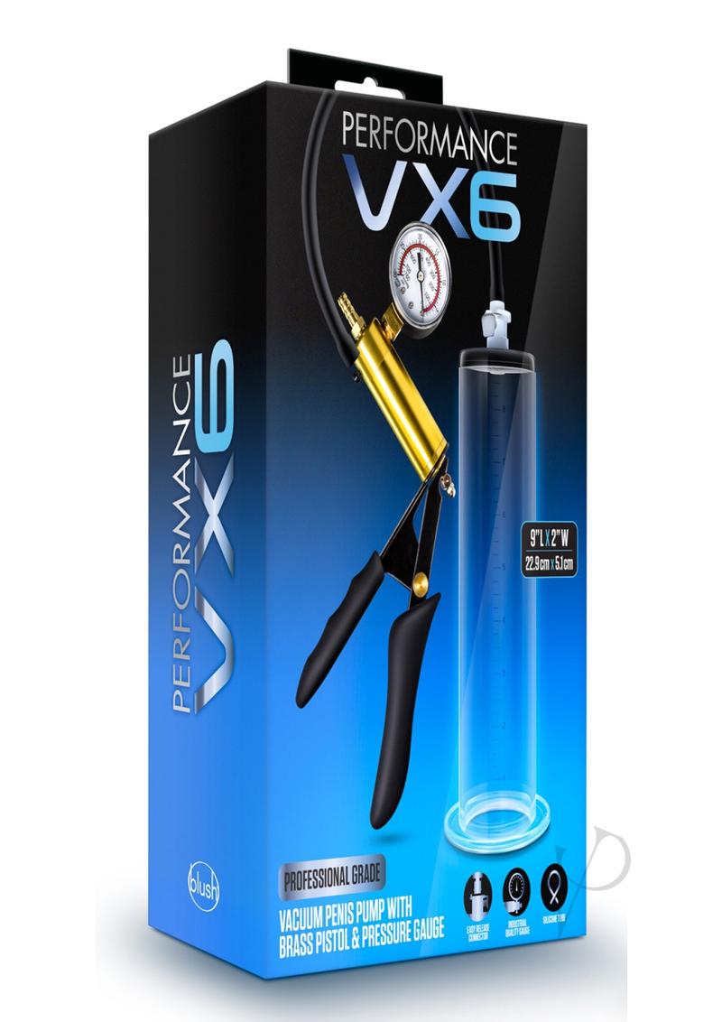 Performance VX6 Vacuum Penis Pump with Brass Pistol and Pressure Gauge 9.5in - Clear