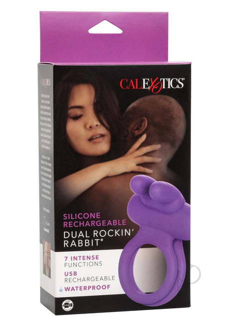 Silicone Rechargeable Dual Rockin Rabbit Multi Speed Cockring Waterproof - Purple