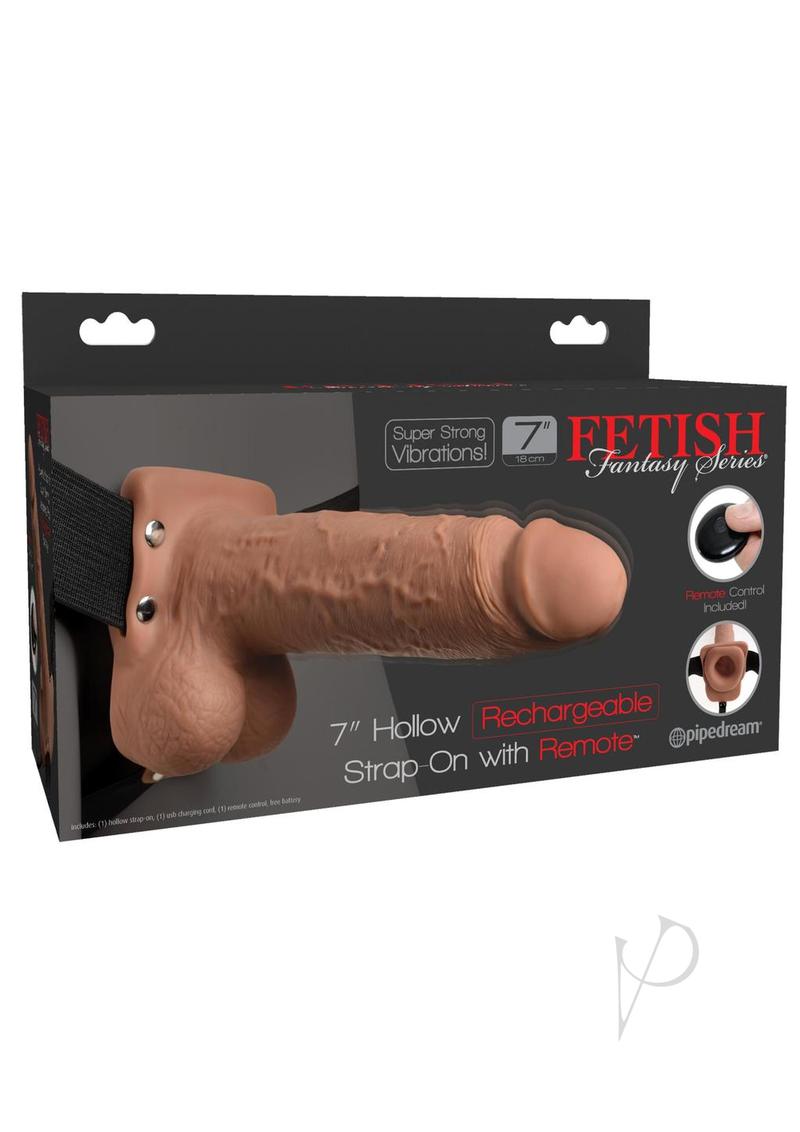 Fetish Fantasy Series Hollow Rechargeable Strap-On Dildo with Balls and Harness with Wireless Remote Control 7in - Caramel