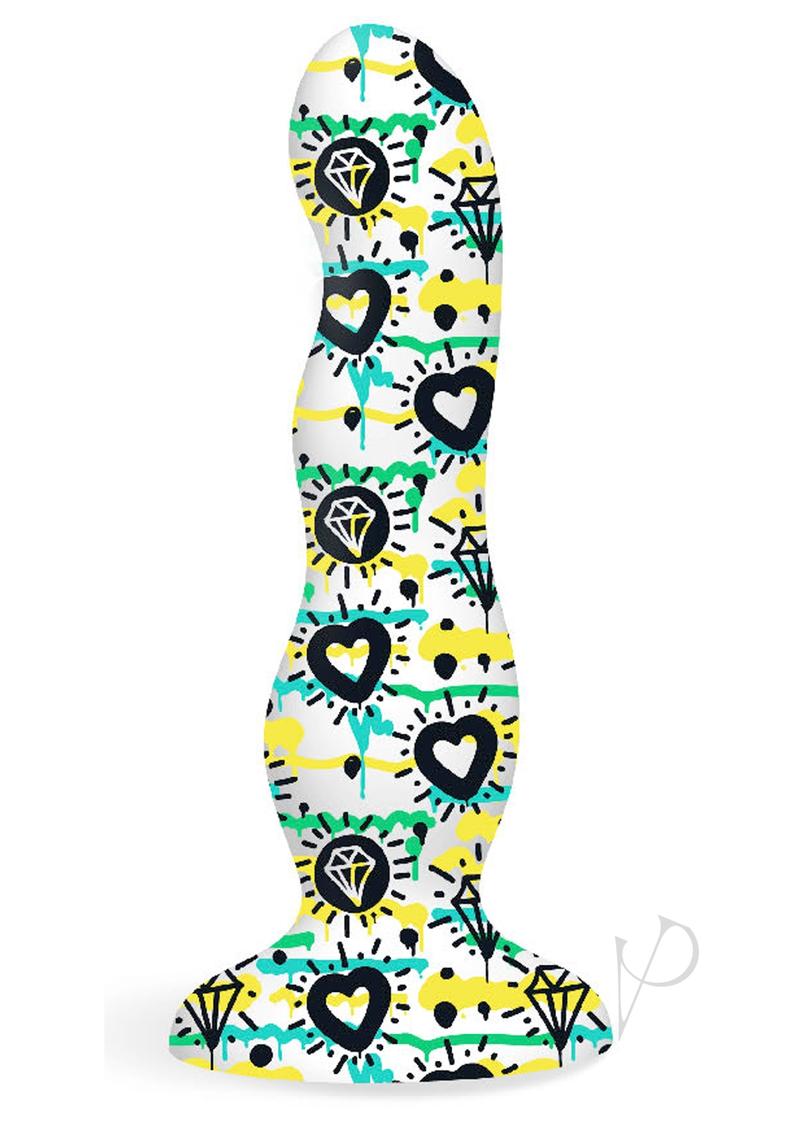 Collage Diamonds and Hearts Curvy Silicone Dildo - Multicolor
