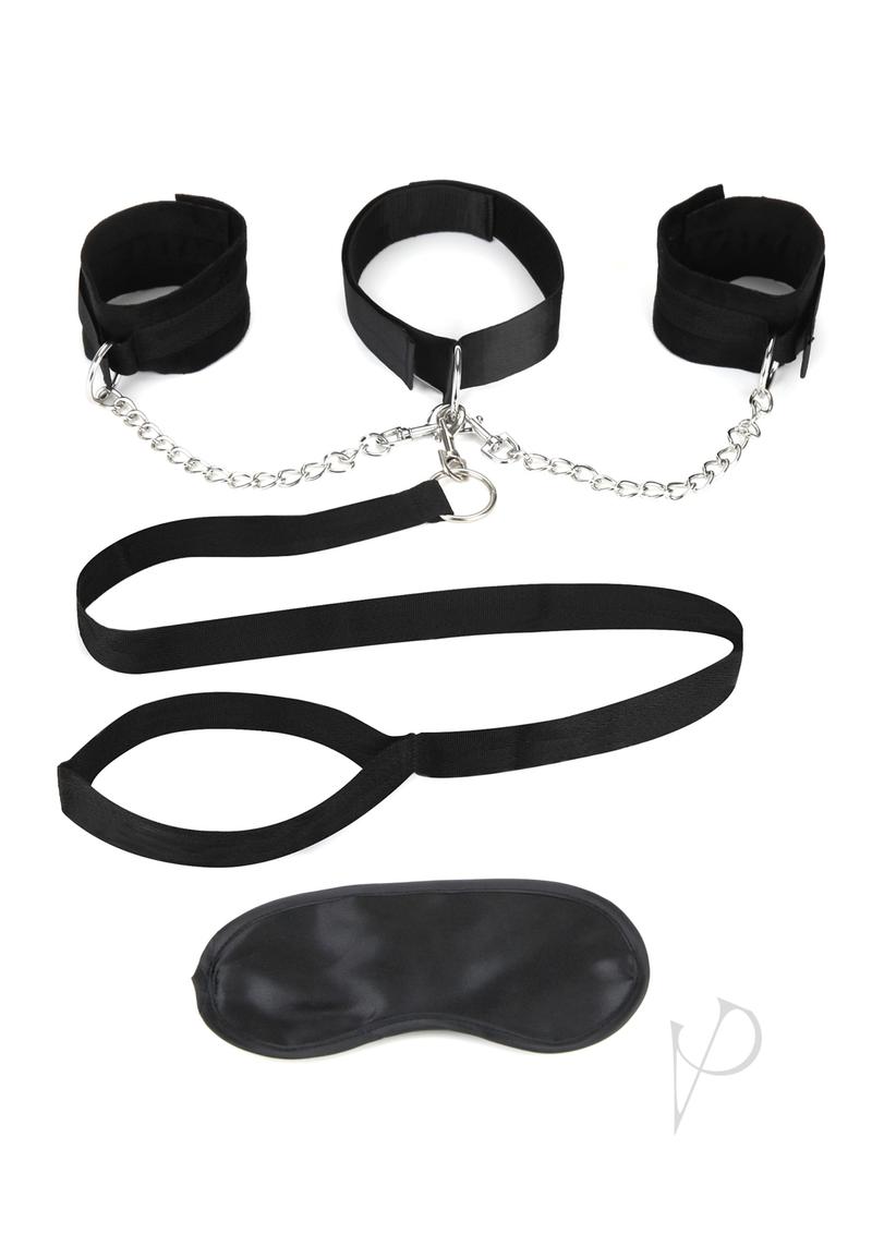 Lux Fetish Collar, Cuffs and Leash Set with Removable Cuffs and Leash - Black